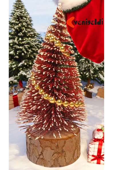 Yenigeldi 1 Adet Kırmızı 10 Cm Kar Efektli Küçük Yılbaşı Ağacı - Altın Top Süslemeli Dekoratif Çam Ağacı T-37 ürün görseli 1
