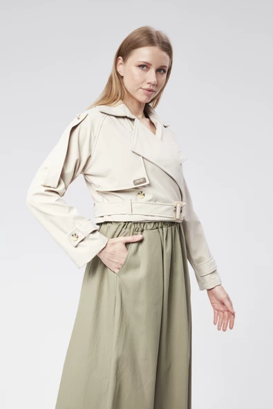 VıoShıne Kadın Soft Kumaş Kruveza Kemerli Crop Ceket ürün görseli 1