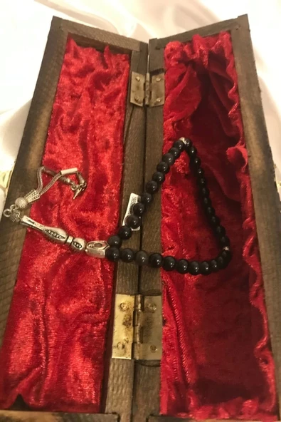 Tespih Obsidyen Doğal Taş Tesbih Gümüş İmameli Aura Taşı Ahşap Kutulu 6mm ürün görseli 1