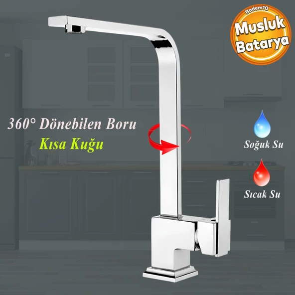 Side Kısa Kuğu Batarya Krom Lavabo Banyo Mutfak Musluğu Musluk Mermer Tezgah Üstü Çift Su Giriş Evye ürün görseli 1