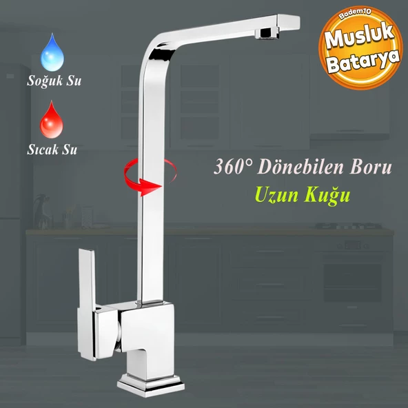 Side Uzun Kuğu Batarya Krom Lavabo Banyo Mutfak Musluğu Musluk Mermer Tezgah Üstü Çift Su Giriş Evye ürün görseli 1