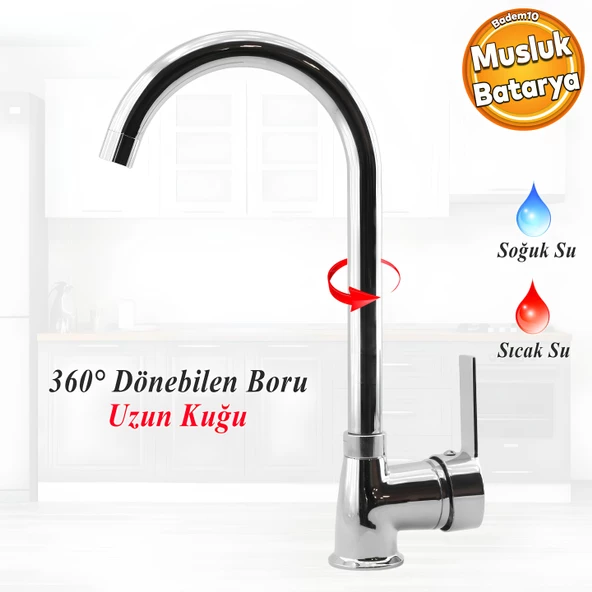 Lara Uzun Kuğu Batarya Krom Lavabo Banyo Mutfak Musluğu Musluk Mermer Tezgah Üstü Çift Su Giriş Evye ürün görseli 1