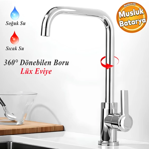 Star Lüx Kuğu Batarya Krom Lavabo Banyo Mutfak Musluğu Musluk Mermer Tezgah Üstü Çift Su Giriş Evye ürün görseli 1