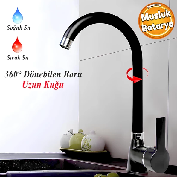 Lara Uzun Kuğu Batarya Siyah Lavabo Banyo Mutfak Musluk Mermer Tezgah Üstü Çift Su Giriş Evye ürün görseli 1