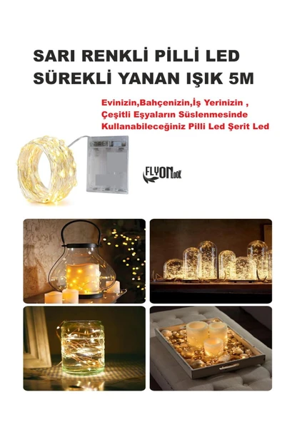 SARI IŞIKLI SÜREKLİ YANAN  PİLLİ LED IŞIK 5M EV, BAHÇE, OFİS , ÇEŞİTLİ EŞYA SÜSLEME LED ŞERİT IŞIK ürün görseli 1