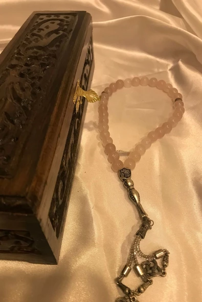 Tespih Pembe Kuvars Doğal Taş kuars Tesbih Gümüş İmameli Ahşap Kutulu Pembe Quarts ürün görseli 1