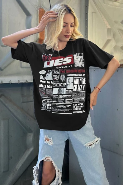Madmext Siyah Arka Baskılı Over Fit Kadın Tişört Mg1506 ürün görseli 1
