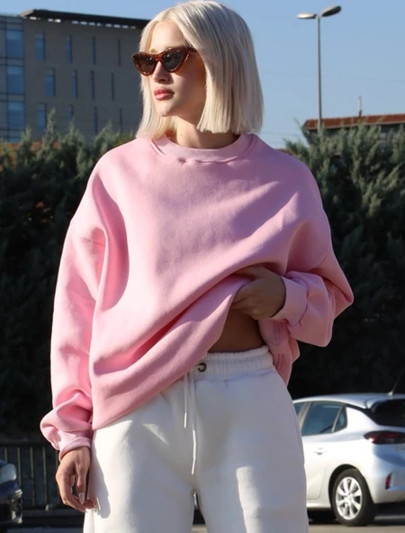 Madmext Pembe Bisiklet Yaka Basic Sweatshirt MG1559 ürün görseli 1