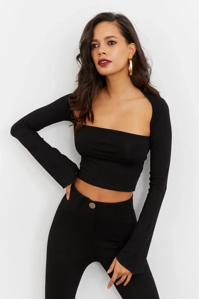 Cool & Sexy Kadın Siyah Pencereli Crop Bluz B1905 ürün görseli 1