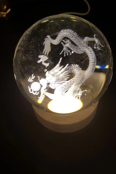 Dragon Ejderha 3D Led Işık Cam Küre Tek Renk Gece Lambası Feng Shui 8 cm Mega Boy Koruyucu ürün görseli 1