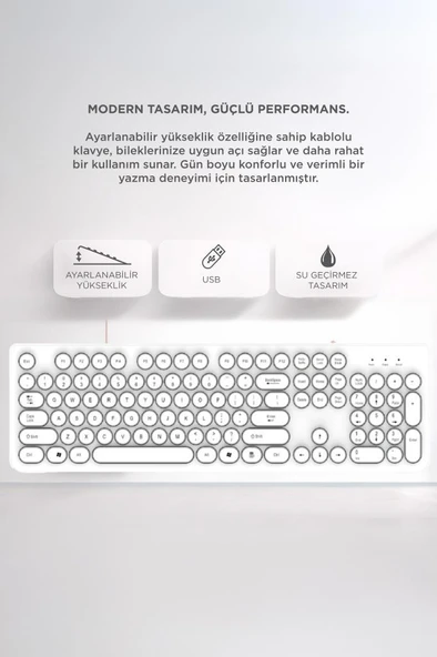 Kablolu Q Klavye Retro Daktilo Görünümlü TK09 Beyaz - Resim 2