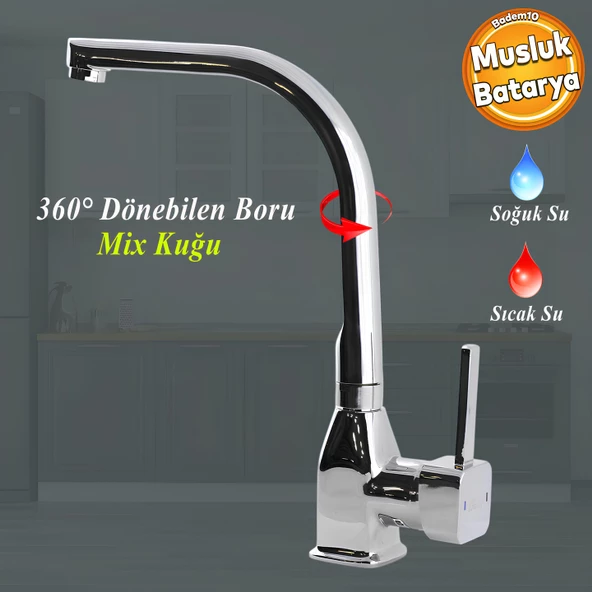Jetta Uzun Kuğu Batarya Krom Lavabo Banyo Mutfak Musluğu Musluk Mermer Tezgah Üstü Çift Su Giriş Evye ürün görseli 1