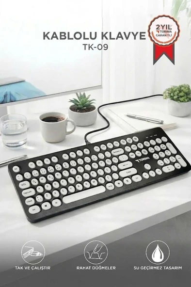 Kablolu Q Klavye Retro Daktilo Görünümlü TK09 Siyah Beyaz ürün görseli 1
