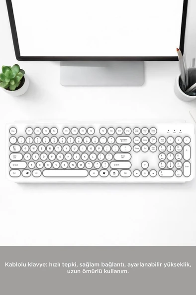 Kablolu Q Klavye Retro Daktilo Görünümlü TK09 Beyaz - Resim 4