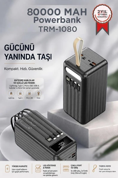 Powerbank Dijital Göstergeli 4 Çıkışlı 80.000 Mah Taşınabilir Hızlı Şarj Aleti TRM1080 Siyah ürün görseli 1