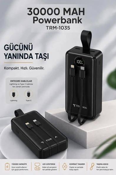 Powerbank Dijital Göstergeli 2 Çıkışlı 30.000 Mah Taşınabilir Hızlı Şarj Aleti TRM1035 Siyah ürün görseli 1