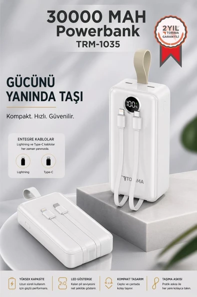 Powerbank Dijital Göstergeli 2 Çıkışlı 30.000 Mah Taşınabilir Hızlı Şarj Aleti TRM1035 Beyaz ürün görseli 1