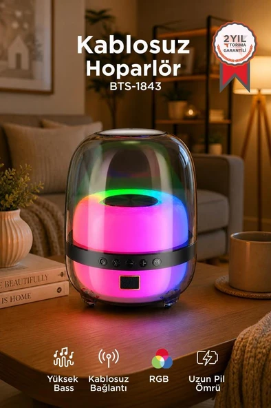 Bluetooth Hoparlör Kablosuz Taşınabilir Rgb Işıklı TWS Speaker BTS-1843 Siyah ürün görseli 1