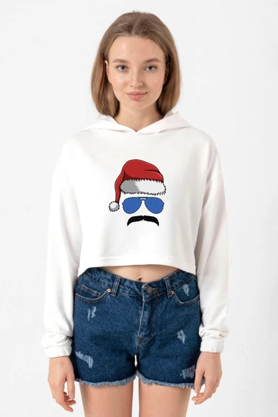 Mustache Christmas Hero Ekru Kadın Crop Kapşonlu ürün görseli 1