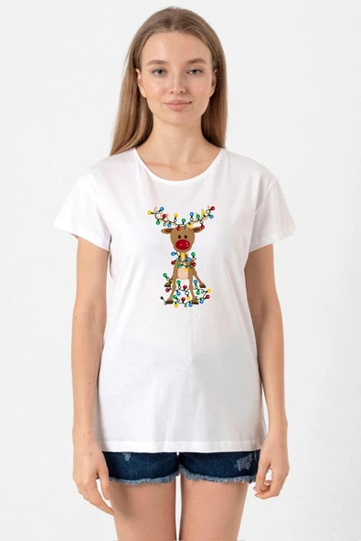 Adorable Reindeer Christmas Beyaz Kadın Bisikletyaka Tshirt ürün görseli 1