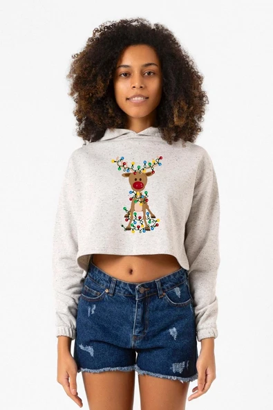 Adorable Reindeer Christmas Beyaz Kırçıllı Kadın Crop Kapşonlu ürün görseli 1
