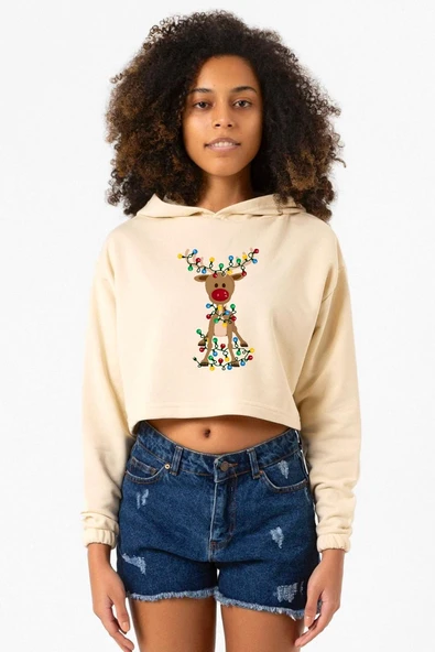 Adorable Reindeer Christmas Bej Kadın Crop Kapşonlu ürün görseli 1