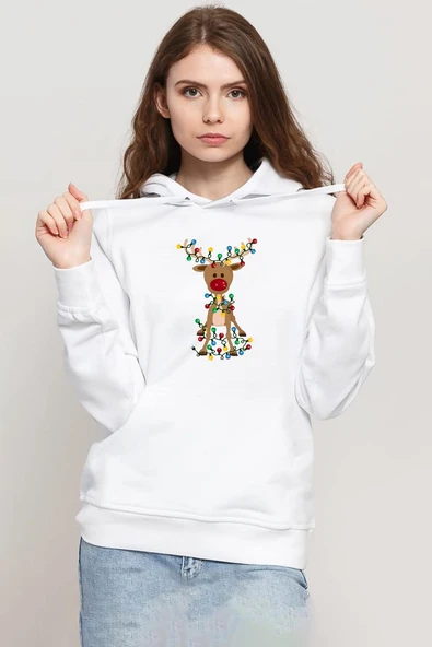 Adorable Reindeer Christmas Beyaz Kadın 3ip Kapşonlu Sweatshirt ürün görseli 1