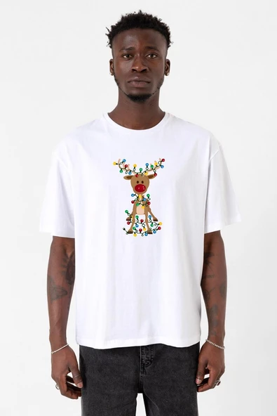Adorable Reindeer Christmas Beyaz Erkek Oversize Tshirt ürün görseli 1