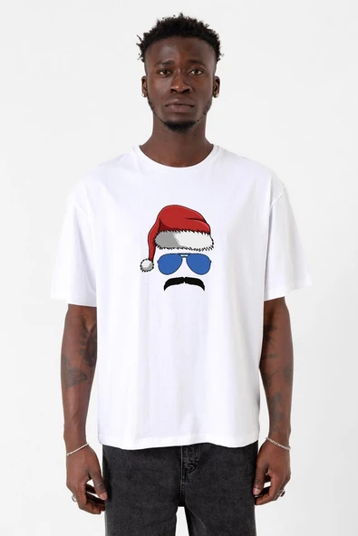 Mustache Christmas Hero Beyaz Erkek Oversize Tshirt ürün görseli 1