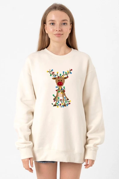 Adorable Reindeer Christmas Ekru Kadın 2ip Sweatshirt ürün görseli 1