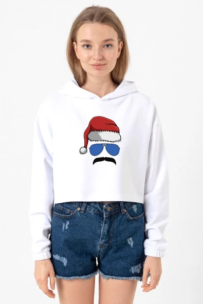 Mustache Christmas Hero Beyaz Optik Kadın Crop Kapşonlu ürün görseli 1