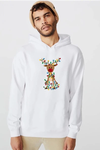 Adorable Reindeer Christmas Beyaz Erkek 3ip Kapşonlu  Sweatshirt ürün görseli 1