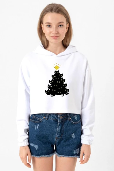 Meowy Christmas Beyaz Optik Kadın Crop Kapşonlu ürün görseli 1