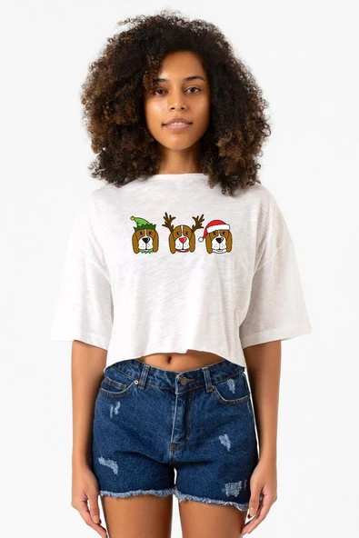 3 Wise Beagles Christmas Beyaz Kırçıllı Kadın Crop Tshirt ürün görseli 1