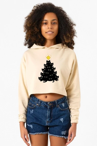 Meowy Christmas Bej Kadın Crop Kapşonlu ürün görseli 1