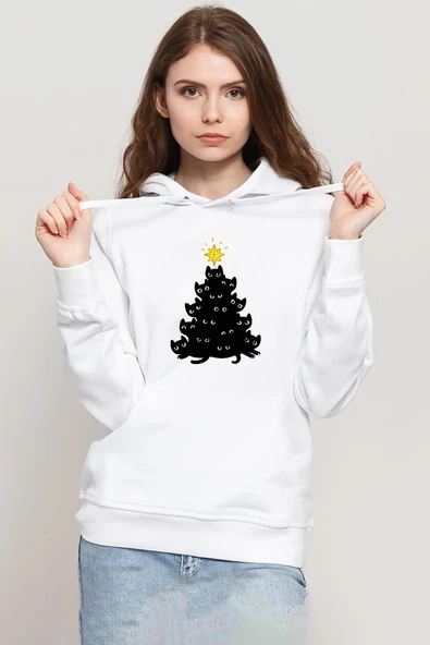 Meowy Christmas Beyaz Kadın 3ip Kapşonlu Sweatshirt ürün görseli 1