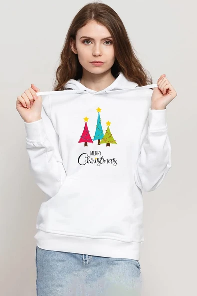 Merry Christmas Beyaz Kadın 3ip Kapşonlu Sweatshirt ürün görseli 1