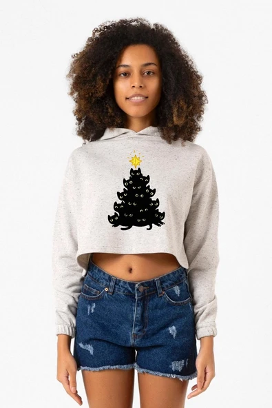 Meowy Christmas Beyaz Kırçıllı Kadın Crop Kapşonlu ürün görseli 1