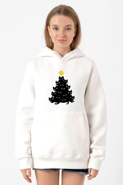 Meowy Christmas Beyaz Kadın 3ip Kapşonlu Sweatshirt ürün görseli 1