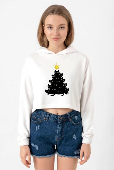Meowy Christmas Ekru Kadın Crop Kapşonlu ürün görseli 1