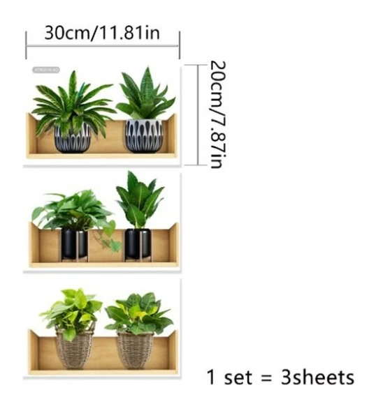 Raflı Bitki Tasarımlı Yapışkanlı Sticker 20*30 cm 3lü Set ürün görseli 1