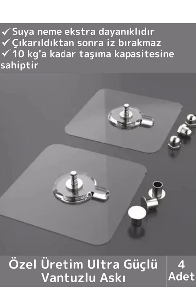 Özel Üretim Yüksek Kaliteli Suya Neme Ekstra Dayanıklı Montajsız Ultra Güçlü Vantuzlu Askı 4 Adet ürün görseli 1