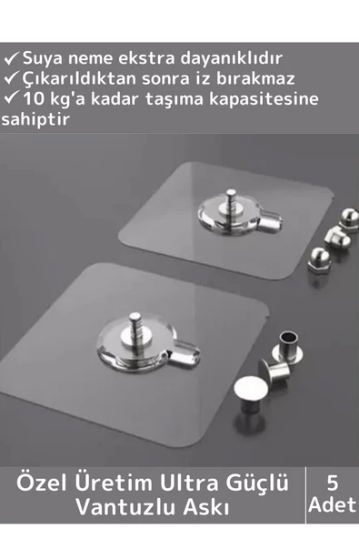 Özel Üretim Yüksek Kaliteli Suya Neme Ekstra Dayanıklı Montajsız Ultra Güçlü Vantuzlu Askı 5 Adet ürün görseli 1