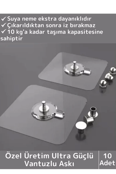 Özel Üretim Yüksek Kaliteli Suya Neme Ekstra Dayanıklı Montajsız Ultra Güçlü Vantuzlu Askı 10 Adet ürün görseli 1