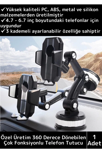 Premium Kompakt 4.7-6.7 İnç 360 Derece Dönebilen Ayarlanabilir 3 Kademeli Çok Amaçlı Telefon Tutucu ürün görseli 1