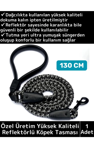 Özel Yüksek Kaliteli Ekstra Kalın Dağcı Dokuma İpli Esnek Yansıtma Reflektörlü Köpek Tasması 130 Cm ürün görseli 1