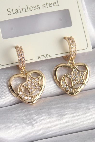 Gold Renk Zirkon Taşlı Kalp Model Ay Yıldız İşleme Kadın Küpe - EBJ241130W29569 ürün görseli 1