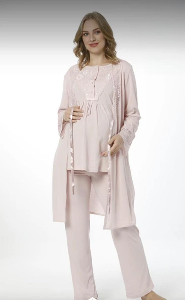 NEHİR 2026  PUDRA Hamile Lohusa 3 Lü Pijama Sabahlık TK ürün görseli 1