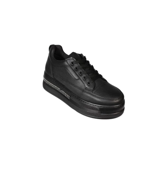 YAZKIŞ Kadın Siyah Beyaz Cilt 5cm Kalın Taban Bağcıklı Tabanı Taşlı Sneaker Spor Ayakkabı ürün görseli 1
