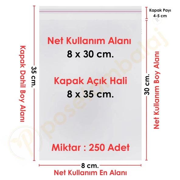 8x30+5 cm.(8x35) 250 Adet Şeffaf Bantlı Yapışkanlı OPP Poşet ürün görseli 1